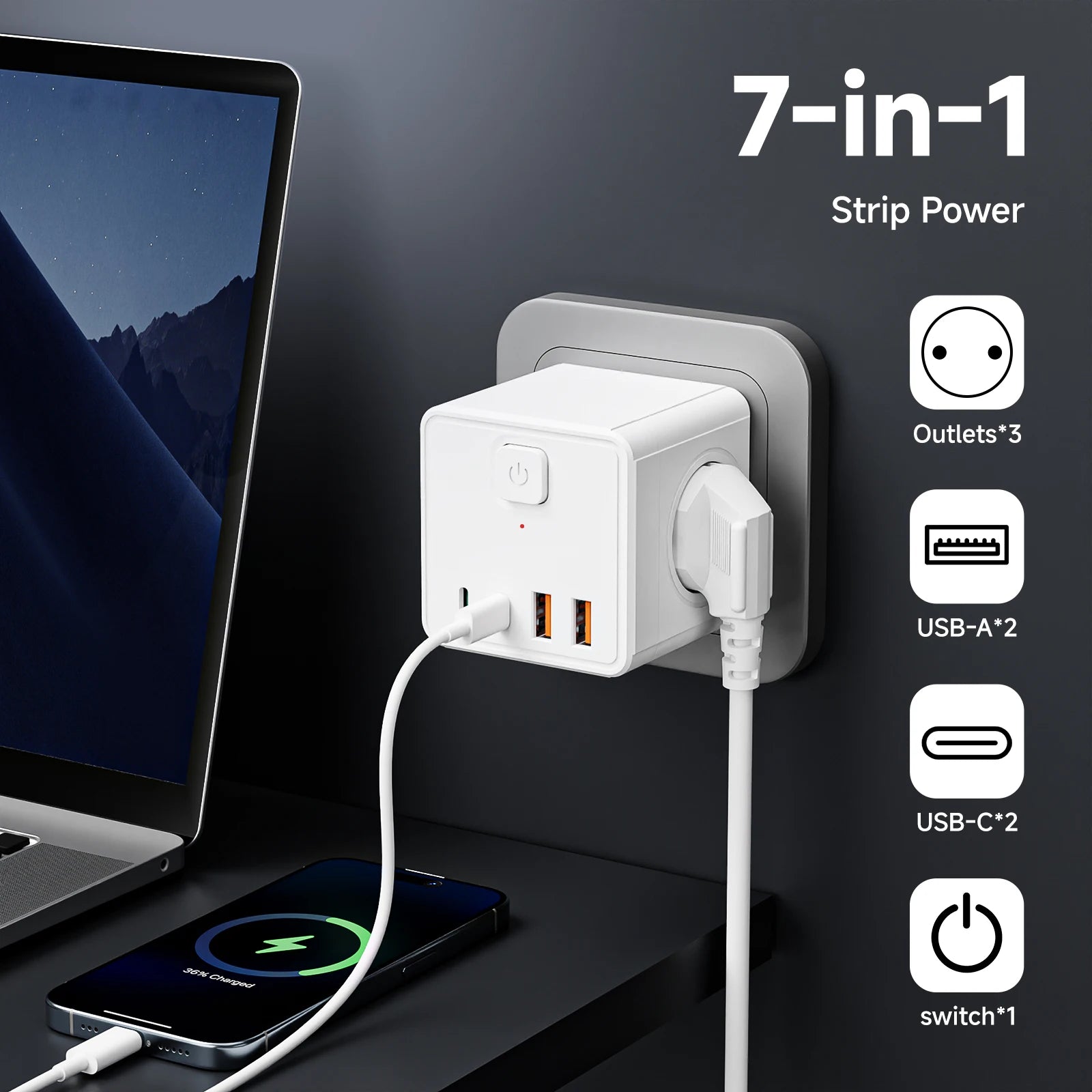 Regleta de Alimentación Cuadrada 7 en 1: 3 Tomas AC + 4 Puertos de Carga (USB/Type-C)