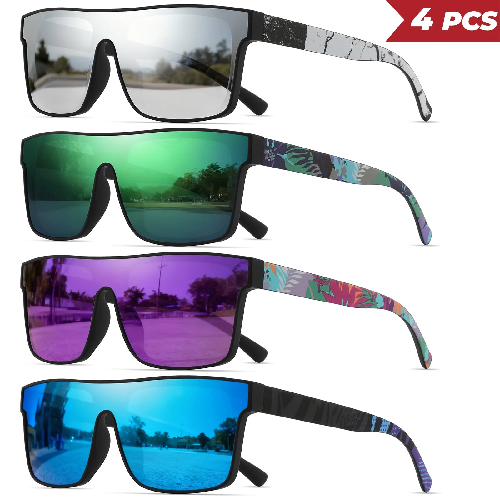 Pack de 4 Gafas de Sol Cuadradas "V-Classic Sport" – Patillas Estampadas y Protección UV400 | VOPLOO