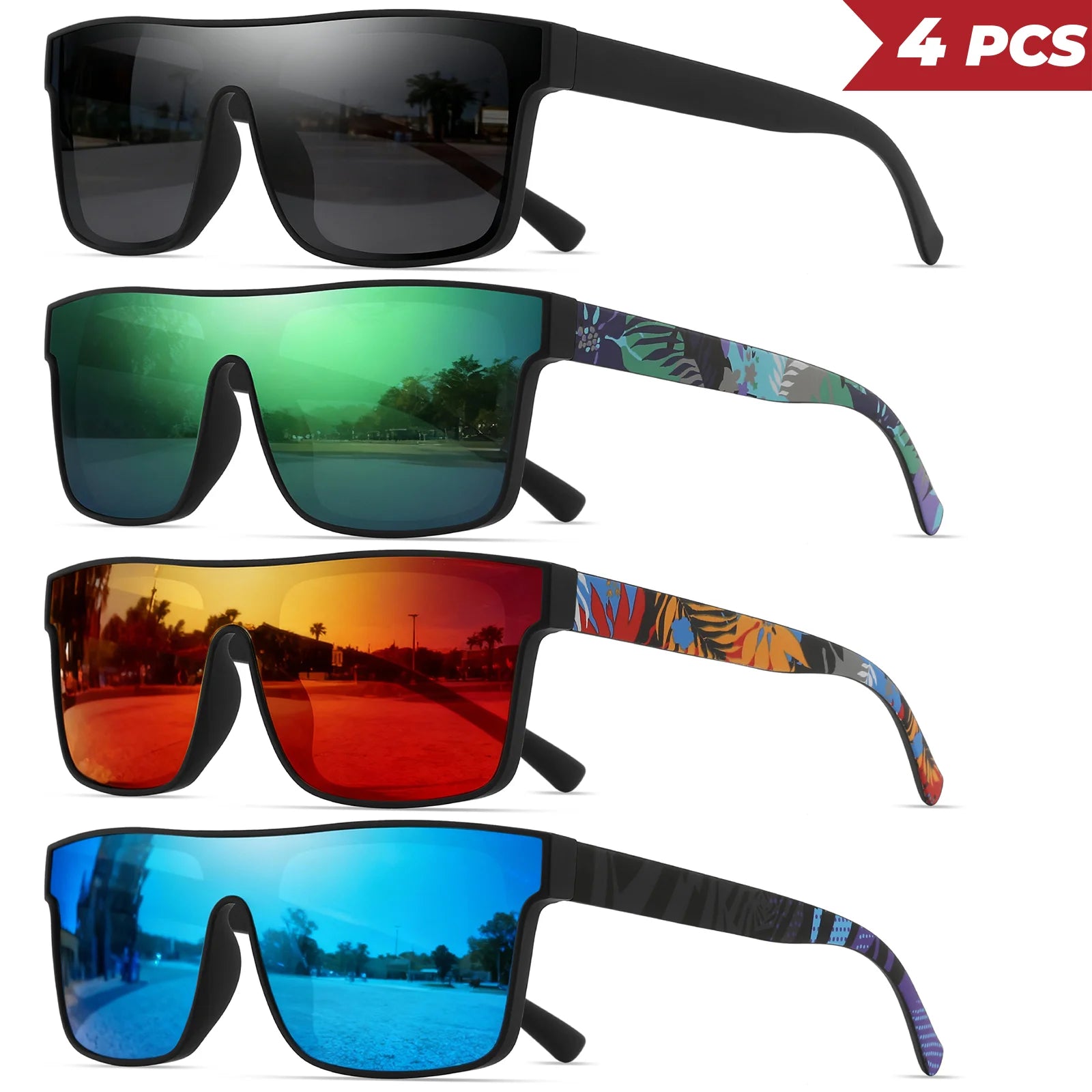 Pack de 4 Gafas de Sol Cuadradas "V-Classic Sport" – Patillas Estampadas y Protección UV400 | VOPLOO