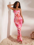 Vestido Sirena Elegante con Hombros Descubiertos - Estampado Floral Rosa VOPLOO