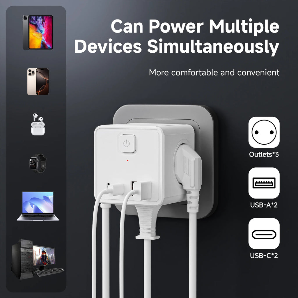 Regleta de Alimentación Cuadrada 7 en 1: 3 Tomas AC + 4 Puertos de Carga (USB/Type-C)