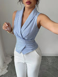 Blusa Elegante sin Mangas con Cuello en V y Cinturón de Moño