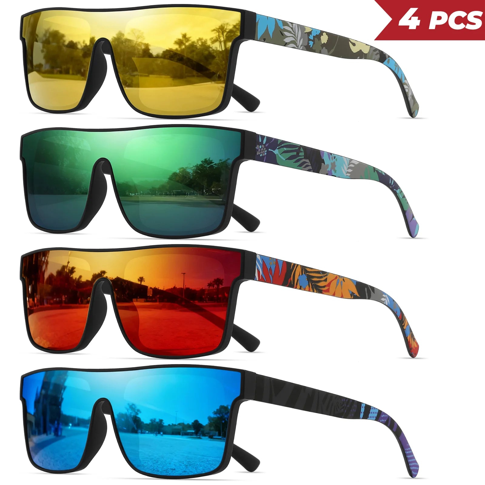 Pack de 4 Gafas de Sol Cuadradas "V-Classic Sport" – Patillas Estampadas y Protección UV400 | VOPLOO