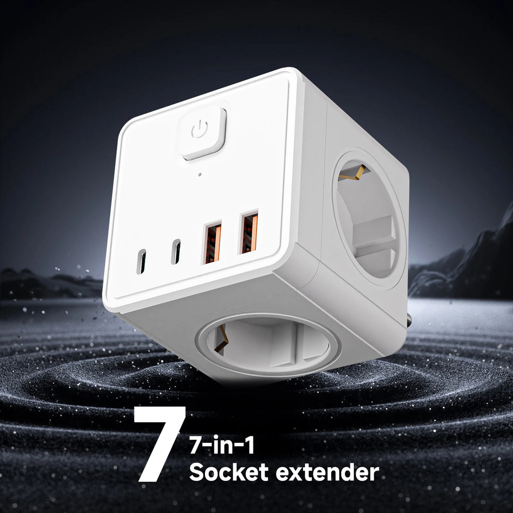 Regleta de Alimentación Cuadrada 7 en 1: 3 Tomas AC + 4 Puertos de Carga (USB/Type-C)