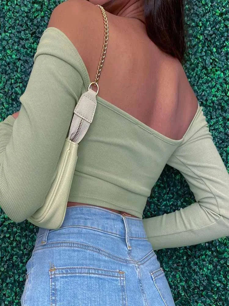 Crop Top Manga Larga con Escote en V - Voploo