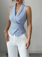 Blusa Elegante sin Mangas con Cuello en V y Cinturón de Moño