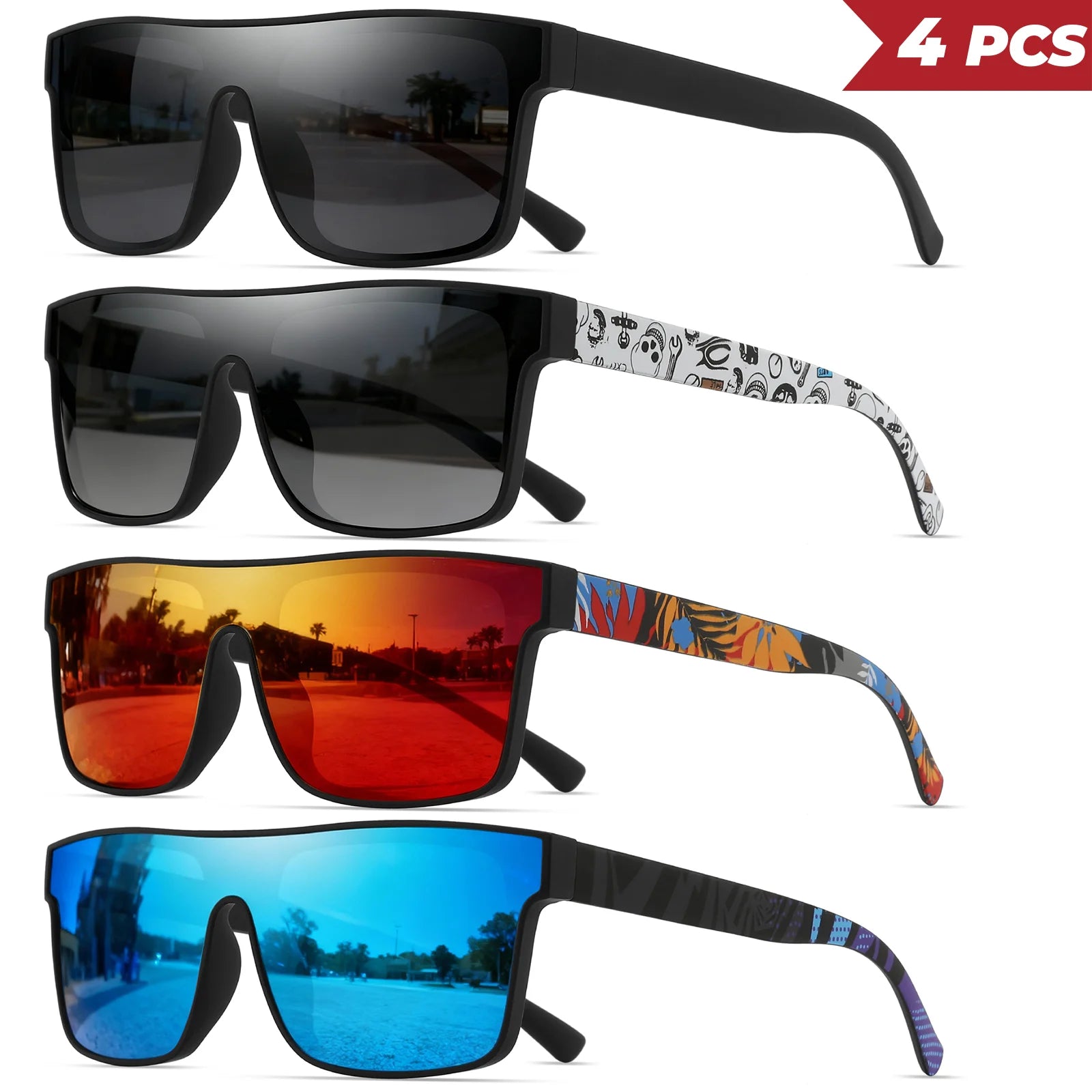 Pack de 4 Gafas de Sol Cuadradas "V-Classic Sport" – Patillas Estampadas y Protección UV400 | VOPLOO