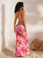 Vestido Sirena Elegante con Hombros Descubiertos - Estampado Floral Rosa VOPLOO