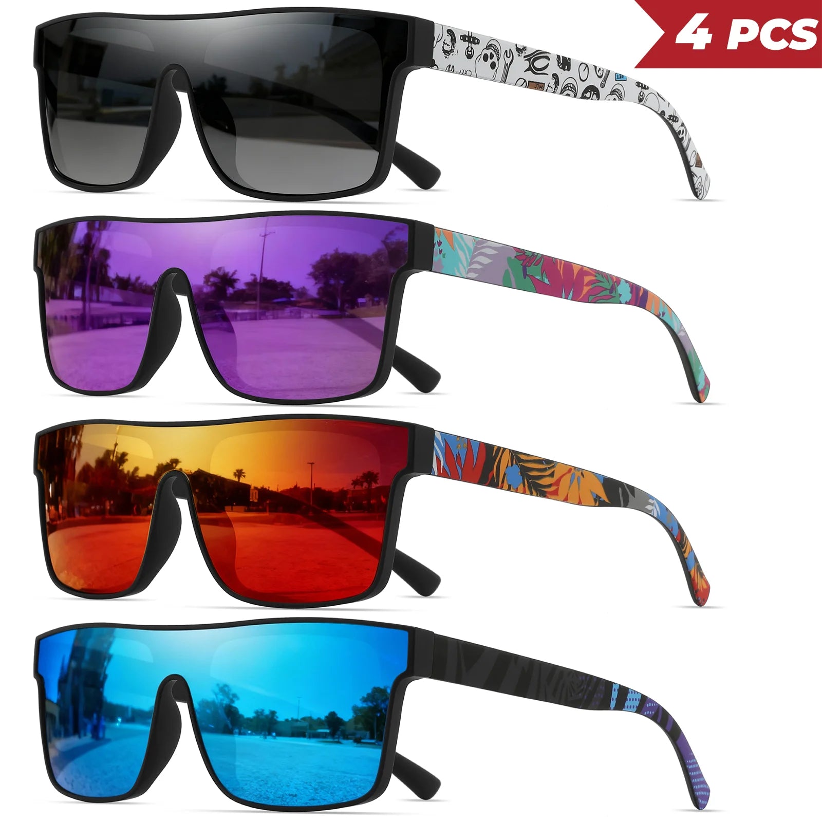 Pack de 4 Gafas de Sol Cuadradas "V-Classic Sport" – Patillas Estampadas y Protección UV400 | VOPLOO