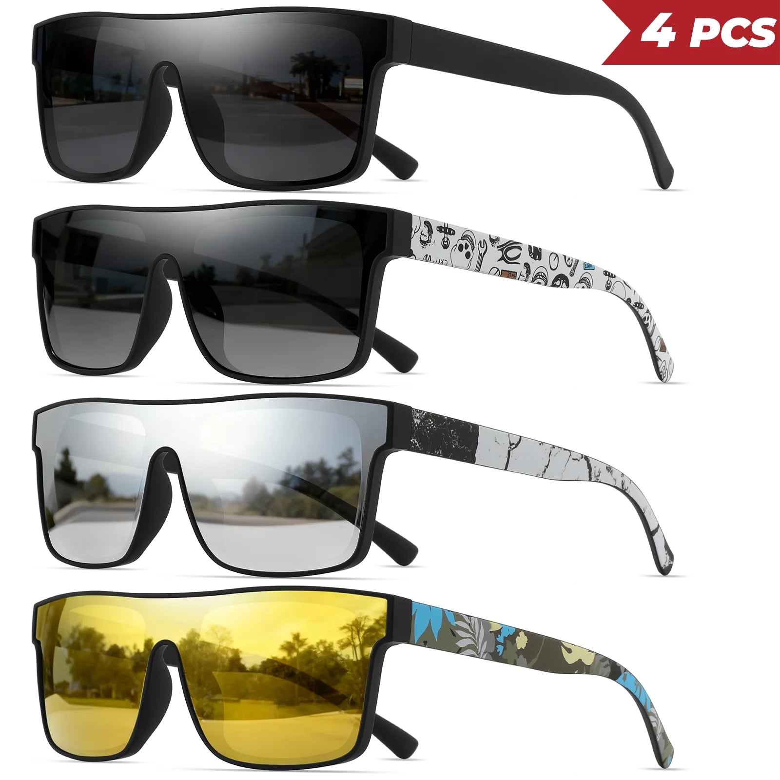 Pack de 4 Gafas de Sol Cuadradas "V-Classic Sport" – Patillas Estampadas y Protección UV400 | VOPLOO
