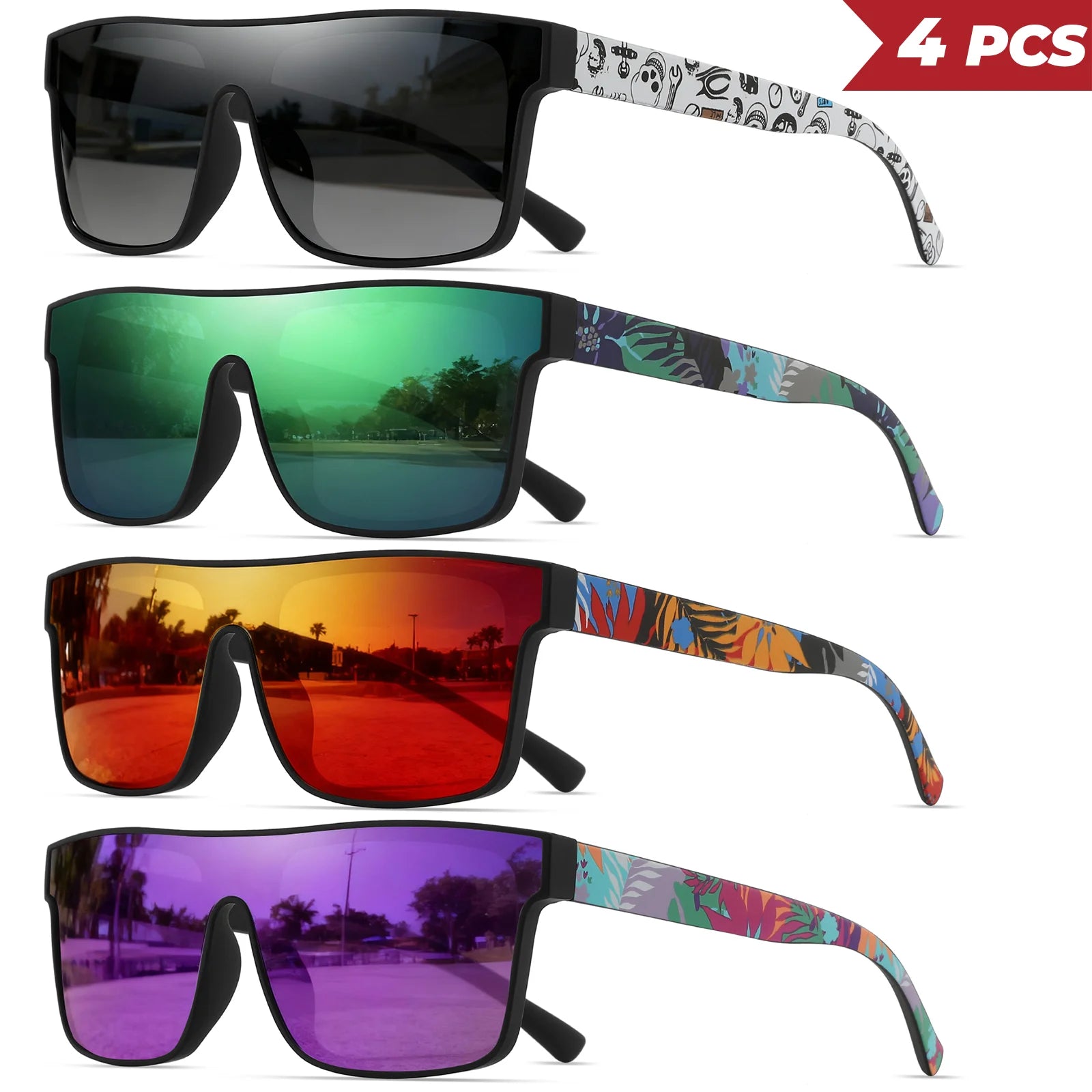 Pack de 4 Gafas de Sol Cuadradas "V-Classic Sport" – Patillas Estampadas y Protección UV400 | VOPLOO