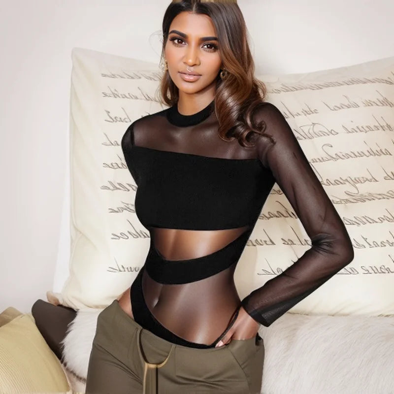 Bodysuit "Eclipse Mesh" – Diseño Asimétrico con Detalles Cut-Out |- VOPLOO