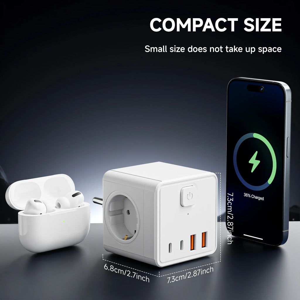 Regleta de Alimentación Cuadrada 7 en 1: 3 Tomas AC + 4 Puertos de Carga (USB/Type-C)
