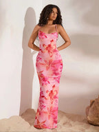 Vestido Sirena Elegante con Hombros Descubiertos - Estampado Floral Rosa VOPLOO